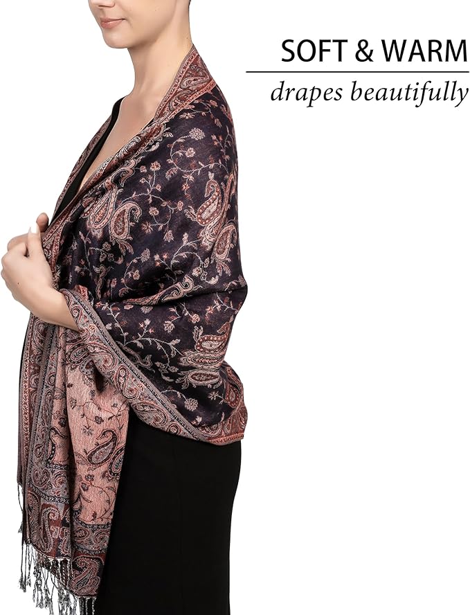 Achillea Reversible Paisley Pashmina Rave Scarf – Exotic Indian Shawls and Wraps for Evening Dresses, Festivals, All Seasons