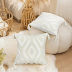 Boho Throw Pillow Covers 18x18 Inch with Tassels, White Tufted Square Bohemian Decorative Pillow Covers Set of 1, Farmhouse Woven Cushion Cases for Couch Sofa Bed Living Room Home Decor