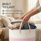 115L Extra Large Blanket Basket for Living Room - Woven Cotton Rope Laundry Hamper with Reinforced Handles - Storage Bin for Pillows, Comforters & Toys - Machine Washable,White&Pink