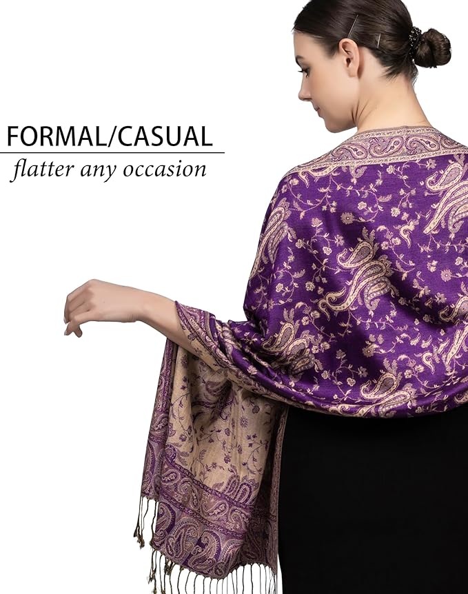 Achillea Reversible Paisley Pashmina Rave Scarf – Exotic Indian Shawls and Wraps for Evening Dresses, Festivals, All Seasons