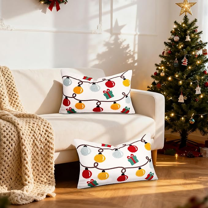 Christmas Embroidered Lumbar Pillow Covers Farmhouse Tufted Pillow Covers Winter Holiday Decorative Couch Covers 12x20 Christmas Lights Square Cushion Cases Set of 2 for Living Room Couch Sofa Bed