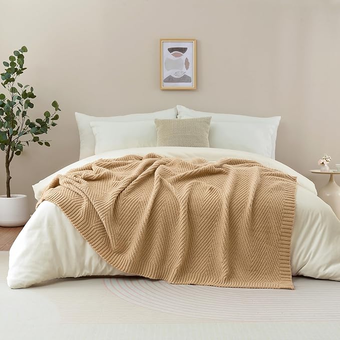 Knitted Throw Blanket 50"X60", Tan Brown Knit Throws for Bed, Super Soft Boho Chevron Blankets for Couch Sofa Chair Room Decor, Textured Decorative Farmhouse Cozy Lightweight