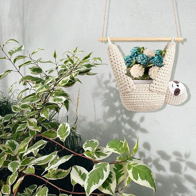 2Pcs Macrame Plant Hanger Crochet Sloth Hanging Planter Sloth Gifts,5 Inch Animal Wall Hanging Plant Holder for Plant Sloth Lovers, Home Decor Indoor Outdoor Plants Succulent Gifts (2)