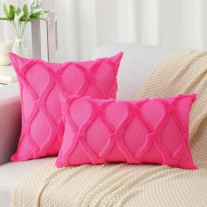 decorUhome Spring Euro Sham Throw Pillow Covers 22x22 Inch Set of 2, Soft Plush Faux Fur Wool Hot Pink Accent Couch Pillow Covers for Modern Farmhouse Bed Sofa Living Room
