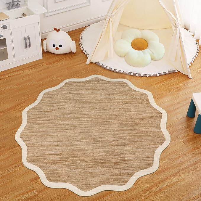 GarveeHome Scalloped Washable Round Rugs 4ft, Non-Slip Soft Ultra-Thin, Small Boho Circle Stain Resistant Low Pile Carpet for Entryway Kitchen Bedroom Nursery Bathroom, Light Brown