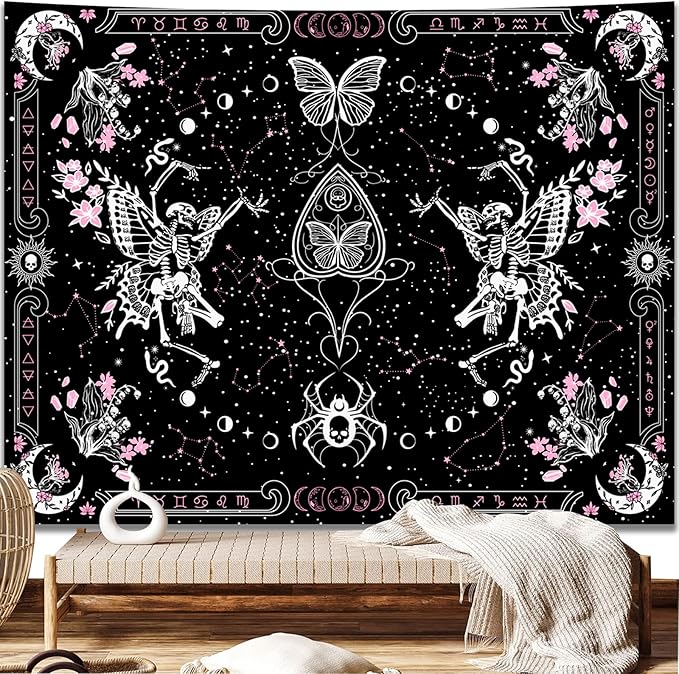 KJHL Skull Butterfly Floral Tapestry Black and White Gothic Skeleton Tapestry Wall Hanging Decor Pink Constellation Witchy Tapestries Aesthetic for Bedroom Living Room(59ʺ x 79ʺ)