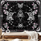KJHL Skull Butterfly Floral Tapestry Black and White Gothic Skeleton Tapestry Wall Hanging Decor Pink Constellation Witchy Tapestries Aesthetic for Bedroom Living Room(59ʺ x 79ʺ)