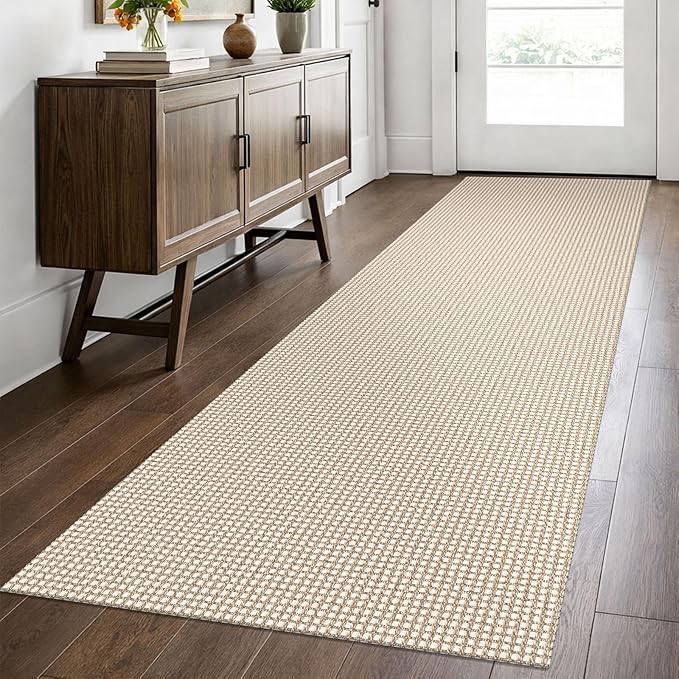EARTHALL Woven Runner Rug 2.6x8 Ft Washable Runners for Hallways Wide Non Slip Rubber Backed Kitchen Runner Braided Indoor Floor Carpet for Entryway Hallway Kitchen Bedroom, Beige/Khaki