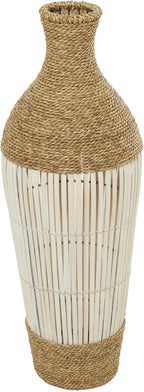 Deco 79 Seagrass Handmade Decorative Vase Wrapped Tall Centerpiece Vase with Cream Slatted Bamboo Center, Vase for Home Decoration 11" x 11" x 32", Brown
