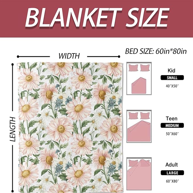Daisy Floral Blanket 40×50 Inch,Vintage Pink Wildflower Lightweight Flannel Throw with Green Leaves on White,Spring Rustic Farmhouse Home Decor,Gifts for Girls,Women