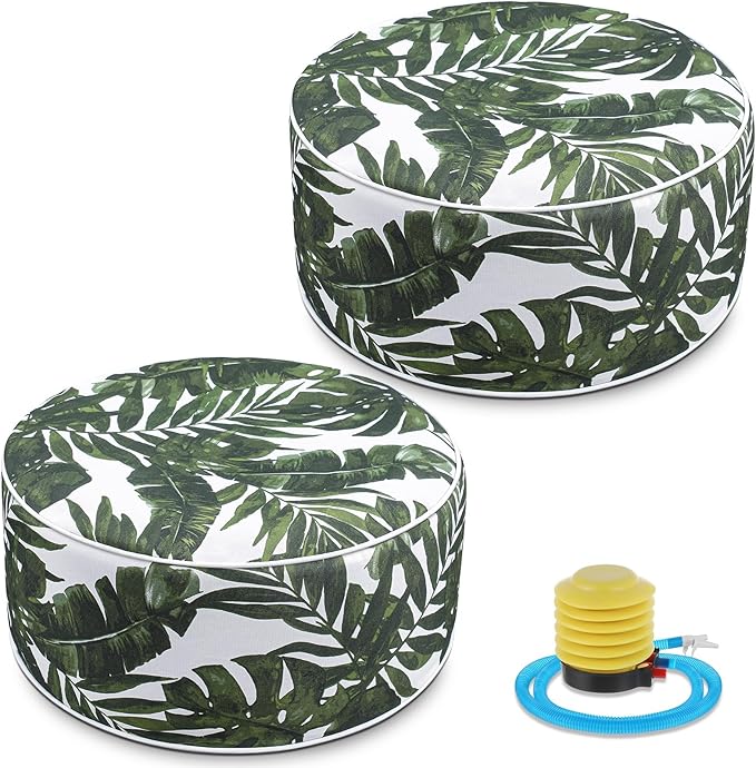 Outdoor Inflatable Ottoman Waterproof Pouf Ottoman with Handle D21 x H9, Water Repellent Portable Footstool for Patio Garden Camping or Home(Leaf)