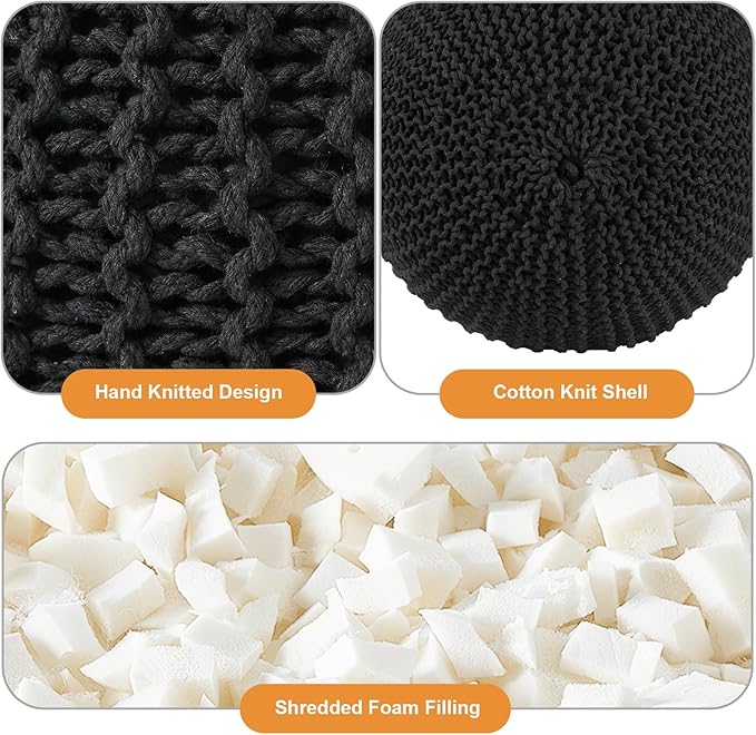 Pouf Ottoman Stuffed Round Modern Foam Filled Foot Rest Poufs for Living Room Chair Decorative 20 X 14 Inches Boho Relax Stool for Wedding Christmas Party, (Black, 20 Inch)