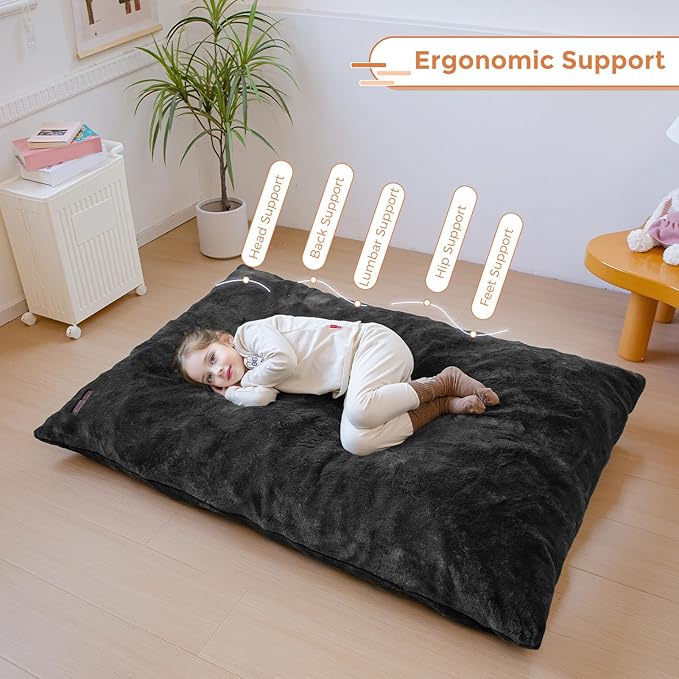 MAXYOYO 3 in 1 Kids Bean Bag Chair Bed, Child Floor Sofa for Gaming, Reading, Faux Fur Floor Mattress with High-Density Foam Filling for Living Room Bedroom