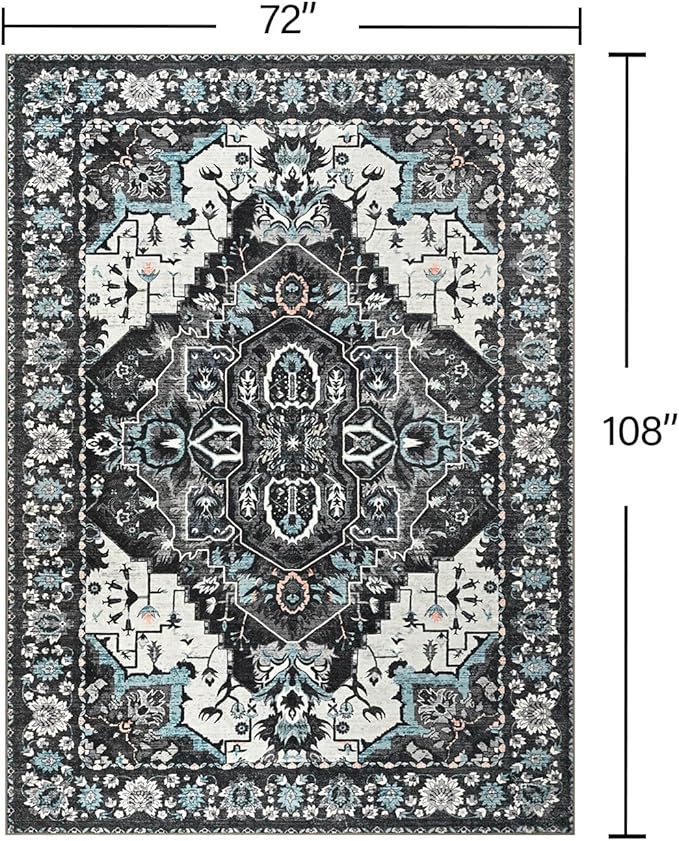 YJ.GWL Area Rugs for Living Room 6x9 Machine Washable Rugs, Non Slip Floral Vintage Rug Indoor Carpet, Stain Resistant Large Rug for Bedroom Dining Room, Black Grey Blue