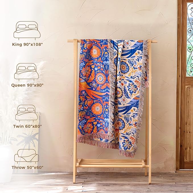 Boho Throw Blanket for Bed Cotton Spring Blankets Twin Size for Bedroom Living Room All Season Lightweight Floral Bird Embroidery Breathable Quilt for Couch Sofa Chair 60"x80" Home Decor