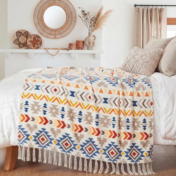CASAAGUSTO Boho Throw Blanket - Colorful Decorative Blankets with Tassel, Printed Flannel Bohemian Blanket for Chair, Bed, Sofa, Couch(50 * 60, Colorful)