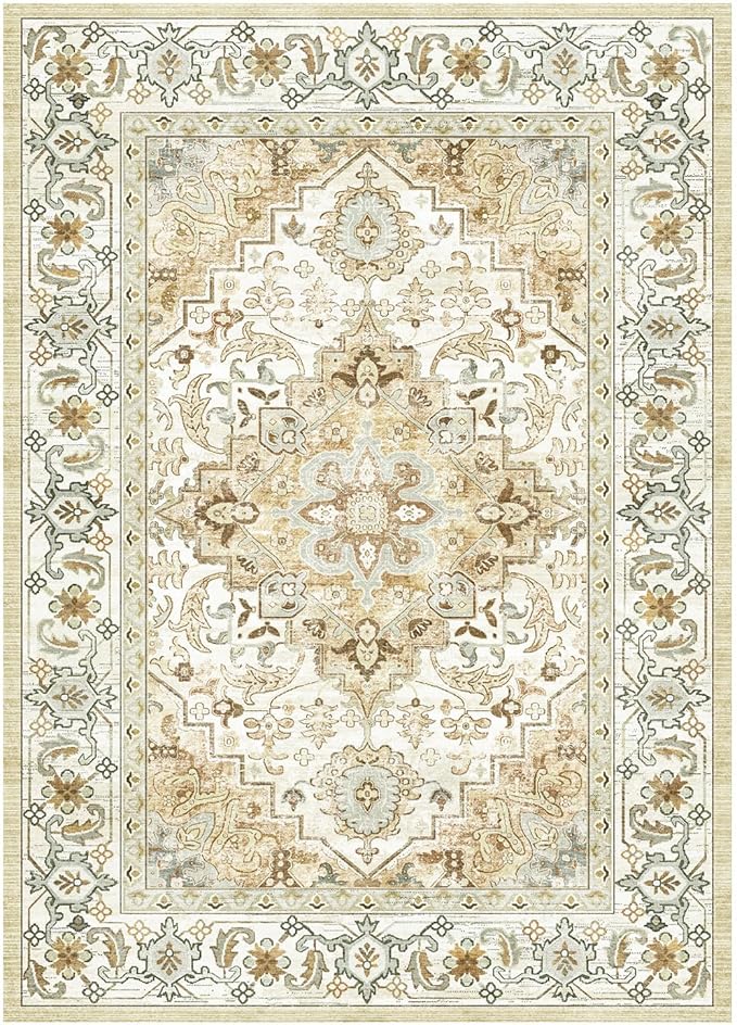 Lessymo 5x7 Area Rugs- Machine Washable Area Rugs, Super Soft Faux-Wool Area Rug for Living Room Bedroom, Boho Area Rug Vintage Floral Medallion Non-Slip Low Pile, Kid & Pet Friendly, Beige