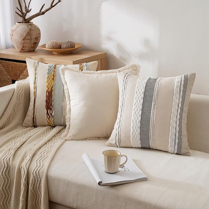 ANRODUO Pack of 2 Boho Decorative Throw Pillow Covers 26x26 Farmhouse Cushion Case Striped Chenille Pillow Cases Square Pillow Covers Accent Neutral Pillowcase for Sofa Couch Bed, Blue-Earth Tones