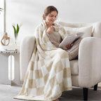 WRENSONGE Checkered Throw Blanket, Beige Soft Cozy Fluffy Warm Hand Made Throw Blankets for Couch, Sofa, Chair, Bed, Camping, Picnic, Travel Lightweight Bed Blanket - 50"*60"