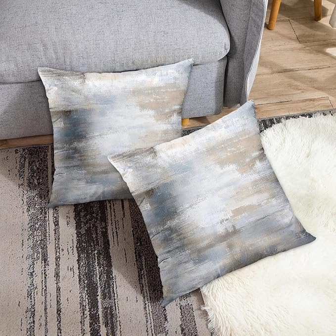 Britimes Throw Pillow Covers Modern Home Art Decor, 18 x 18 Inches Set of 2 Abstract Oil Painting Pillowcases for Bedroom, Living Room, Cushion Couch Sofa, Abstract Beige Grey Blue