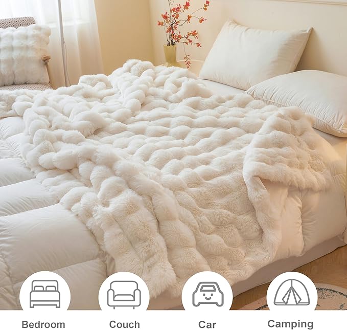 LIFEREVO Luxury Fluffy Faux Rabbit Fur Blanket, Plush Fuzzy Bubble Throw for Couch Sofa, Ivory Comfy Furry Bed Blanket Home Decoration, Aesthetic Shaggy Throw for Bedroom Living Room, 60x90, Beige