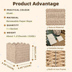 GYASVWU Paper Rope Scalloped Basket, Foldable Scalloped Storage Basket for Organizing, Woven Baskets for Storage,Wicker Baskets for Nursery/Living Room/Kitchen Organizing and Decor (Khaki)