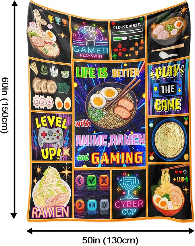Aipon Anime Ramen Gaming Gamer Blanket 50"x 60", Anime Ramen Lover Gaming Gamer Gifts for Boys Kids Men, Funny Food Game Controller Blankets, Soft Cozy Lightweight Throw Blanket for Girls Women