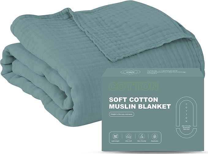 Cosy Family 100% Cotton Muslin Bed Blanket - Breathable and Lightweight Gauze Boho Blanket for Spring, Green, 80x90 Inches