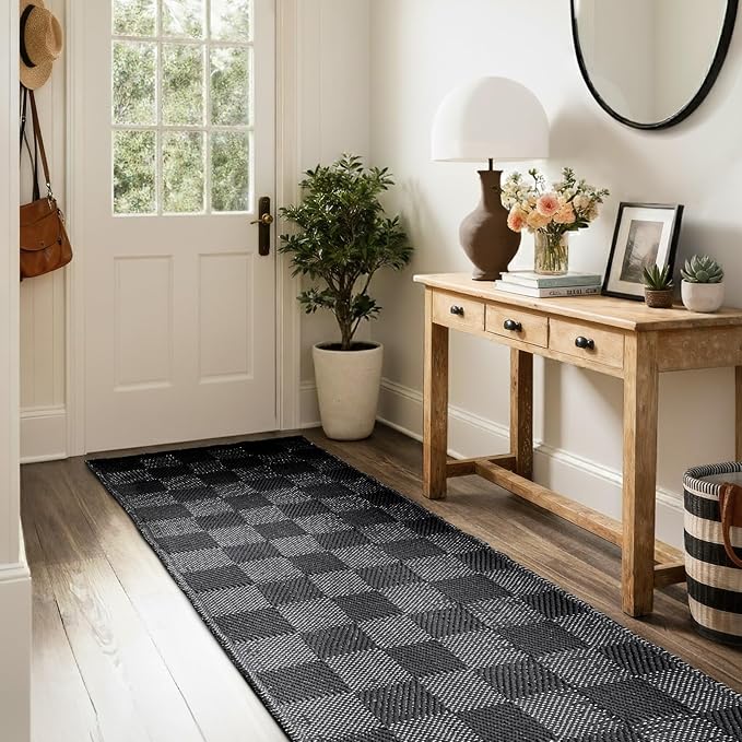 BESTSWEETIE 2'x6' Washable Rug Hand-Woven Low Pile Soft Checkerboard Pattern Reversible Checkered Braided Rugs with Short Fringe Carpet for Living Room Bedroom Dining Room Home Decor - Black/White