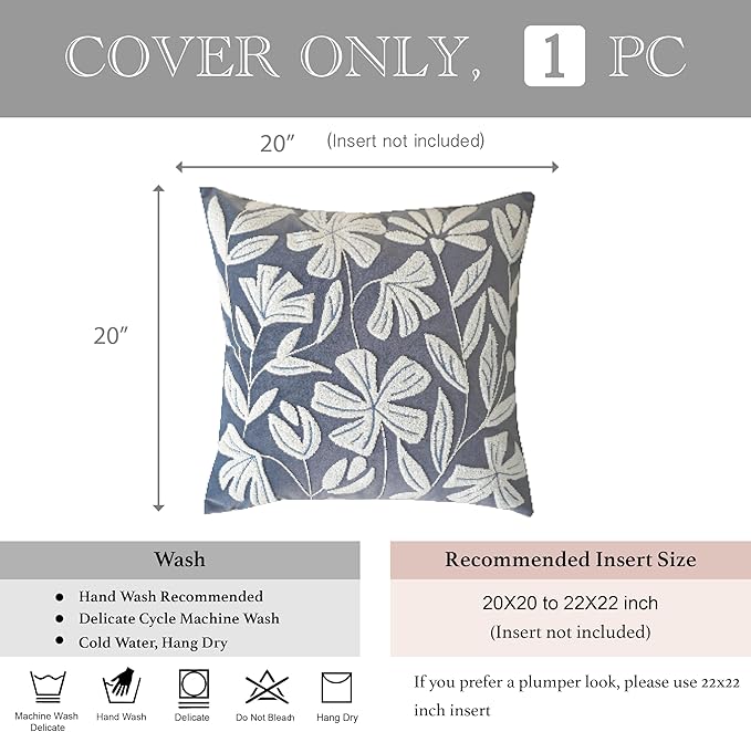 BlissBlush 20x20 Throw Pillow Cover, Grayish Blue Square Decorative Cushion Cover for Couch Sofa, Floral Tufted Embroidered Velvet Farmhouse Accent Pillowcase (Cover Only)