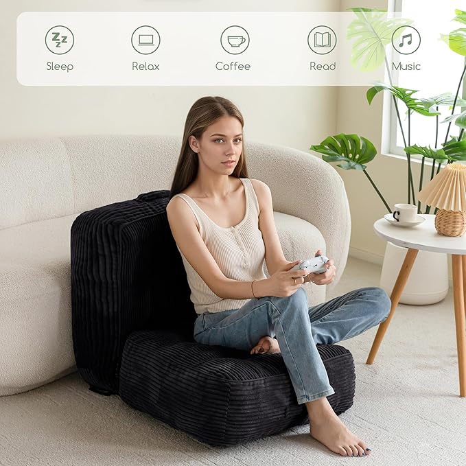 HIGOGOGO 8" Extra Thick Floor Pillow Cushion for Adults, Meditation Cushion Pillow, Large Square Floor Sitting, Tufted Corduroy Cover, for Tatami Living Room or Yoga, 22x22 Inch, Black