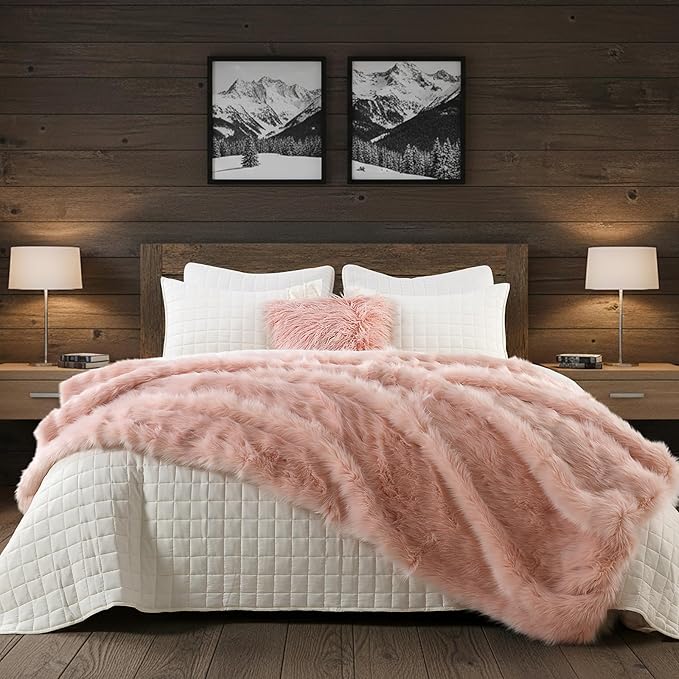 HORIMOTE HOME Pink Faux Fur Throw Blanket, Long Pile Light Pink Fur Blanket, Super Warm, Soft, Cozy, Fuzzy, Fluffy Throws for Couch Bed Sofa, Aesthetic Home Room Decor Throw, 60" x 80"