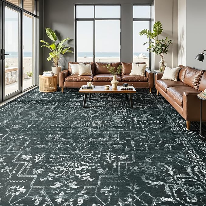 Black White Large 10x14 Area Rugs, Washable Non Slip Big Rug for Living Room Bedroom, Distressed Medallion Vintage Dark Big Carpet Rugs for Dinig Room Family Rooms, Low Pile Thin