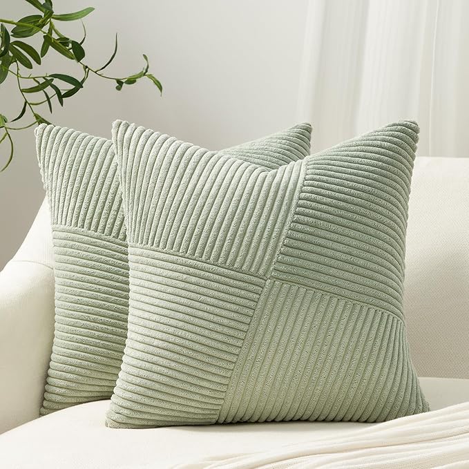 Topfinel Decorative SageGreen Throw Pillow Covers 22x22 Inch, Soft Corduroy Pillow Covers Textured Striped Patchwork Cushion Cases for Couch Sofa Bed Cute Autumn Home Decor 2 Packs