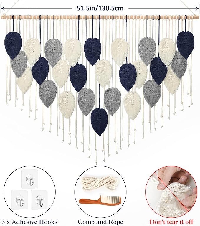 Weldomcor Large Macrame Wall Hanging Leaf Boho Woven Tapestry, Bohemian Chic Wall Hanging Feather Handmade Wall Art Home Decor for Bedroom Living Room Apartment Nursery Office Decoration 51.5"Wx33.5"L