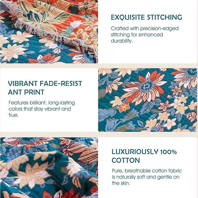 Boho Throw Blanket - 100% Cotton Ultra Soft Muslin Blanket, 60"x80" Lightweight Floral Framhouse Bedding Spring Blanket for Bed, All Season Green Bohemian Bedroom Home Decor Quilt