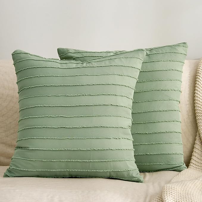 JELLYMONI 2 Pack Light Green Pillowcases 18" x18", Soft Microfiber Striped Tufted Pillow Covers(Pillows are not Included)