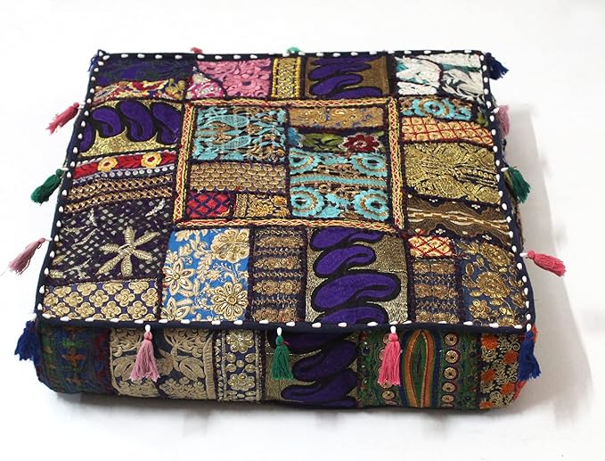 Mam Treasures Indian Bohemian Decorative Pillow Vintage Cushion Cover Patchwork Square Floor Pillow Cover Meditation Cushion Large Floor Pillow Indian Cushion (Dark Blue, 16 X 16 X 5 Inch)