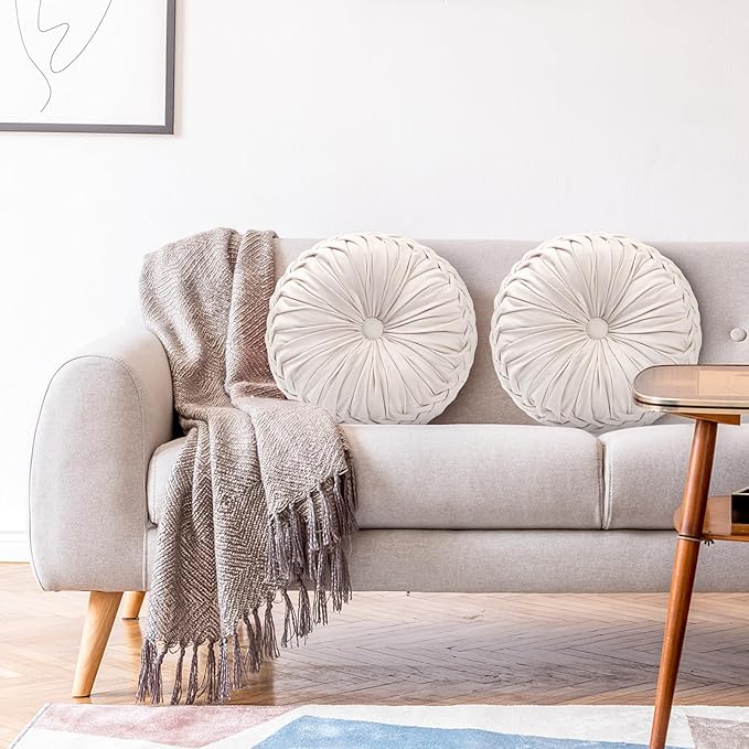 2 Pcs Round Throw Pillows 15 Inch Decorative Velvet Pleated Pumpkin Pillows Boho Floor Pillow with Center Button for Living Room Couch Chair Bed Sofa Home Decoration (Ivory)