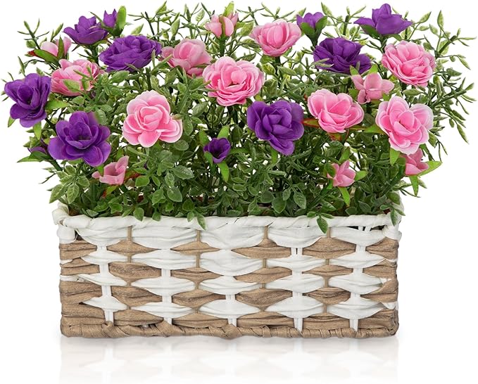 Artificial Rose Flowers with Woven Basket, Faux Blooming Roses in Fake Rattan Planter for Table Centerpiece, Romantic Floral Arrangement for Home Kitchen Entryway Spring Party Decor, Pink & Purple