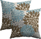 Blue and Brown Throw Pillow Covers 18X18 Set of 2, Grey Gray Dahlia Floral Print Outdoor Decorative Pillowcases Summer Modern Geometry Farmhouse Cushion Case for Couch Sofa Bed Decor