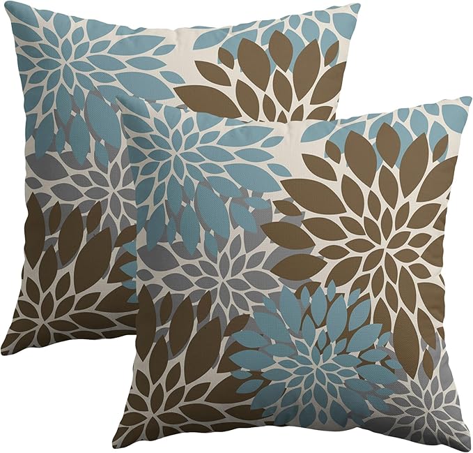 Blue and Brown Throw Pillow Covers 18X18 Set of 2, Grey Gray Dahlia Floral Print Outdoor Decorative Pillowcases Summer Modern Geometry Farmhouse Cushion Case for Couch Sofa Bed Decor