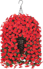Artificial Hanging Flowers with Baskets for Decor, Fake Silk Red Hanging Daisy Orchid Flowers Plants, Faux Flower Centerpieces for Home Indoor Outdoor Garden Patio