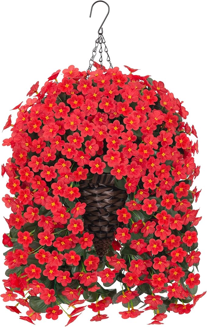Artificial Hanging Flowers with Baskets for Decor, Fake Silk Red Hanging Daisy Orchid Flowers Plants, Faux Flower Centerpieces for Home Indoor Outdoor Garden Patio