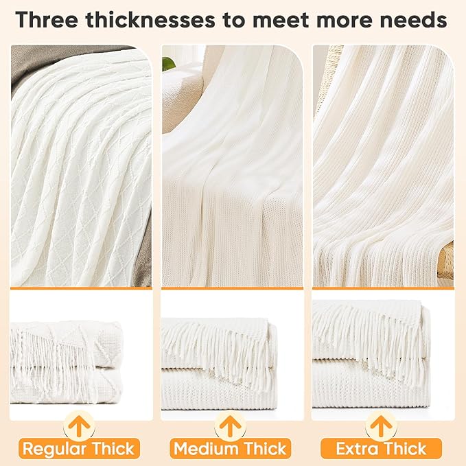 inhand Knitted Throw Blankets for Couch and Bed, Soft Cozy Knit Blanket with Tassel, Off White Lightweight Decorative Blankets and Throws, Farmhouse Warm Woven Blanket for Men and Women, 60"x80"