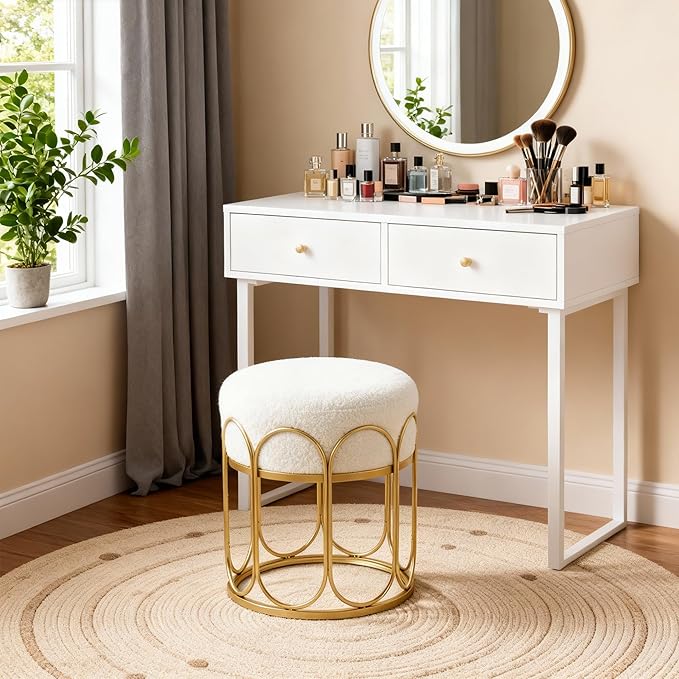 Already Installed Modern Gold metal Round Vanity Stool - White Sherpa Ottoman & Gold Frame Pouf, 17.7" Boucle Fuzzy Foot Rest for Bedroom Makeup, Small Plush Mid Century Chair (300lbs Capacity)