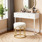 Already Installed Modern Gold metal Round Vanity Stool - White Sherpa Ottoman & Gold Frame Pouf, 17.7" Boucle Fuzzy Foot Rest for Bedroom Makeup, Small Plush Mid Century Chair (300lbs Capacity)