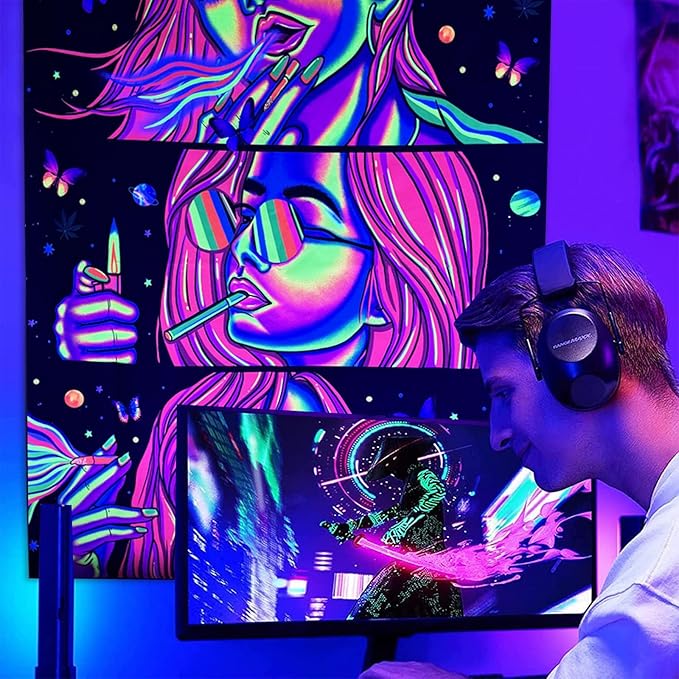Trippy Tapestry Blacklight Tapestry for Bedroom Weed Decor Marijuana Cannabis Poster Smoking Tapestries Hippie Hippy Wall Tapestries Cool Asf Trippy Room Decor Weed Accessories Gifts 80"x 60"