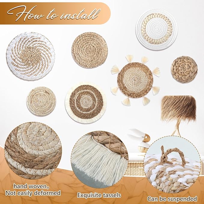 Beeveer 7 Pcs Boho Wall Baskets Decor Hanging Rustic Rattan Wicker Wall Basket for Farmhouse Living Rooms Bedrooms Kitchen Decorations(Classic Style)