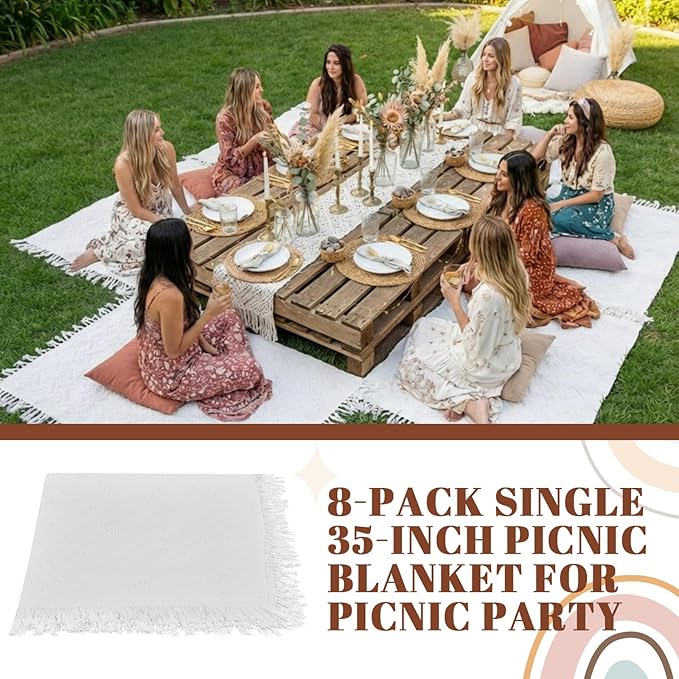 8 Pcs Outdoor Picnic Blanket 35"x35" Boho Blanket Woven Cotton Yarn Portable Mat Plaid with Fringe Washable for Picnic Party Camping Beach Travel Lawn Indoor Bohemia Decor (White)